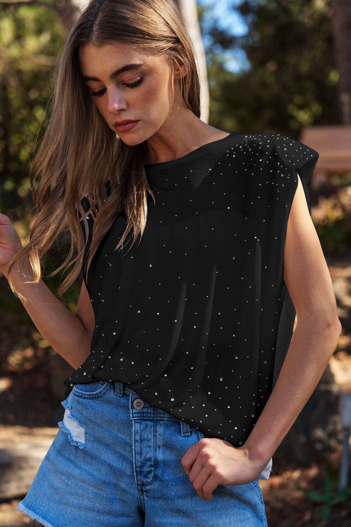 Bejeweled Shoulder Pad Rhinestone Top